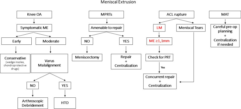 Clinical significance and management of meniscal extrusion in different knee pathologies: a comprehensive review of the literature and treatment algorithm.