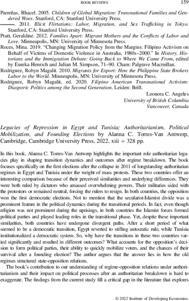 Legacies of Repression in Egypt and Tunisia: Authoritarianism, Political Mobilization, and Founding Elections by Alanna C. Torres-Van Antwerp, Cambridge, Cambridge University Press, 2022, xiii + 328 pp.