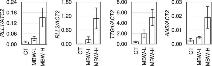 Genetic effects of <i>Red Lettuce Leaf</i> genes on red coloration in leaf lettuce under artificial lighting conditions.