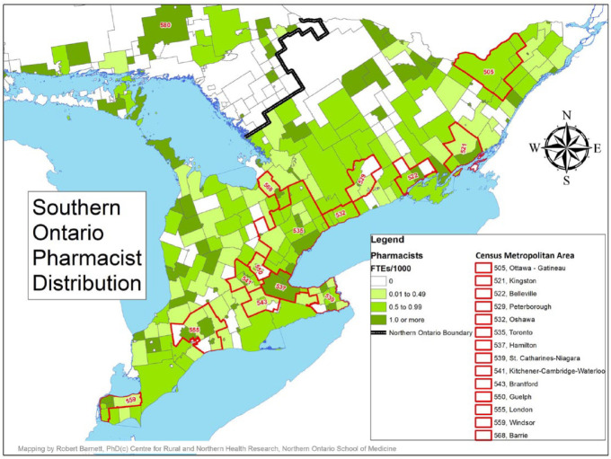 Geographic distribution of Ontario pharmacists: A focus on rural and northern communities.