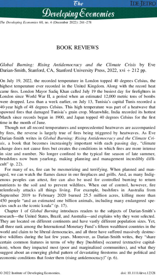 Global Burning: Rising Antidemocracy and the Climate Crisis by  , Eve, Stanford, CA, Stanford University Press,  2022,  xvi + 212 pp.