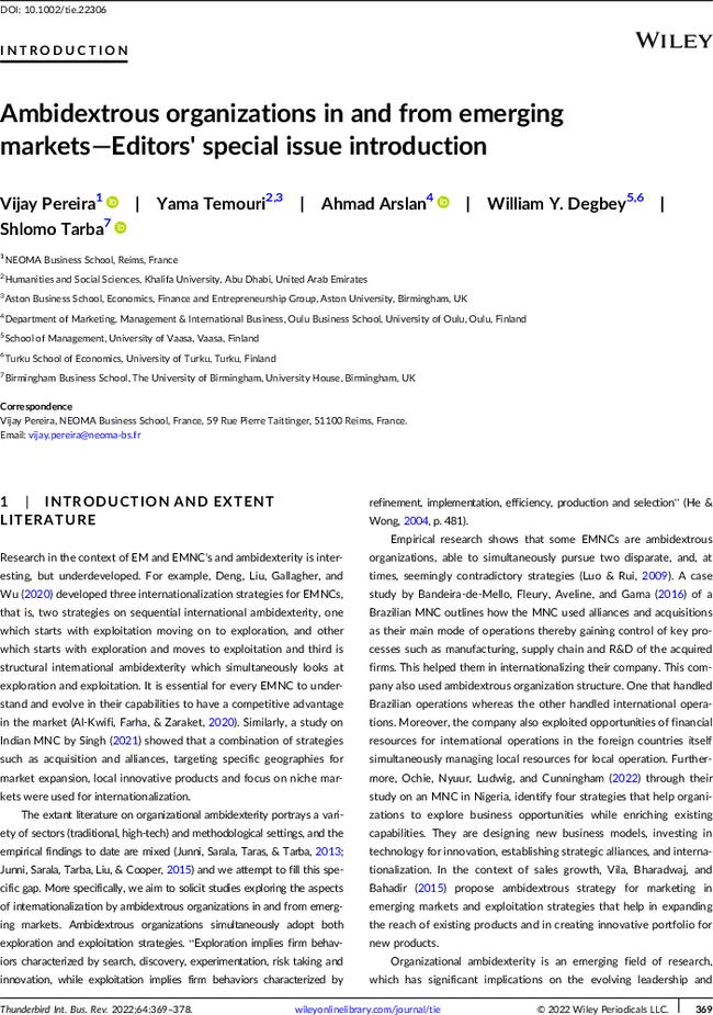 Ambidextrous organizations in and from emerging markets—Editors' special issue introduction