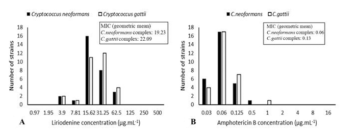 Antifungal activity of liriodenine on clinical strains of <i>Cryptococcus neoformans</i> and <i>Cryptococcus gattii</i> species complexes.