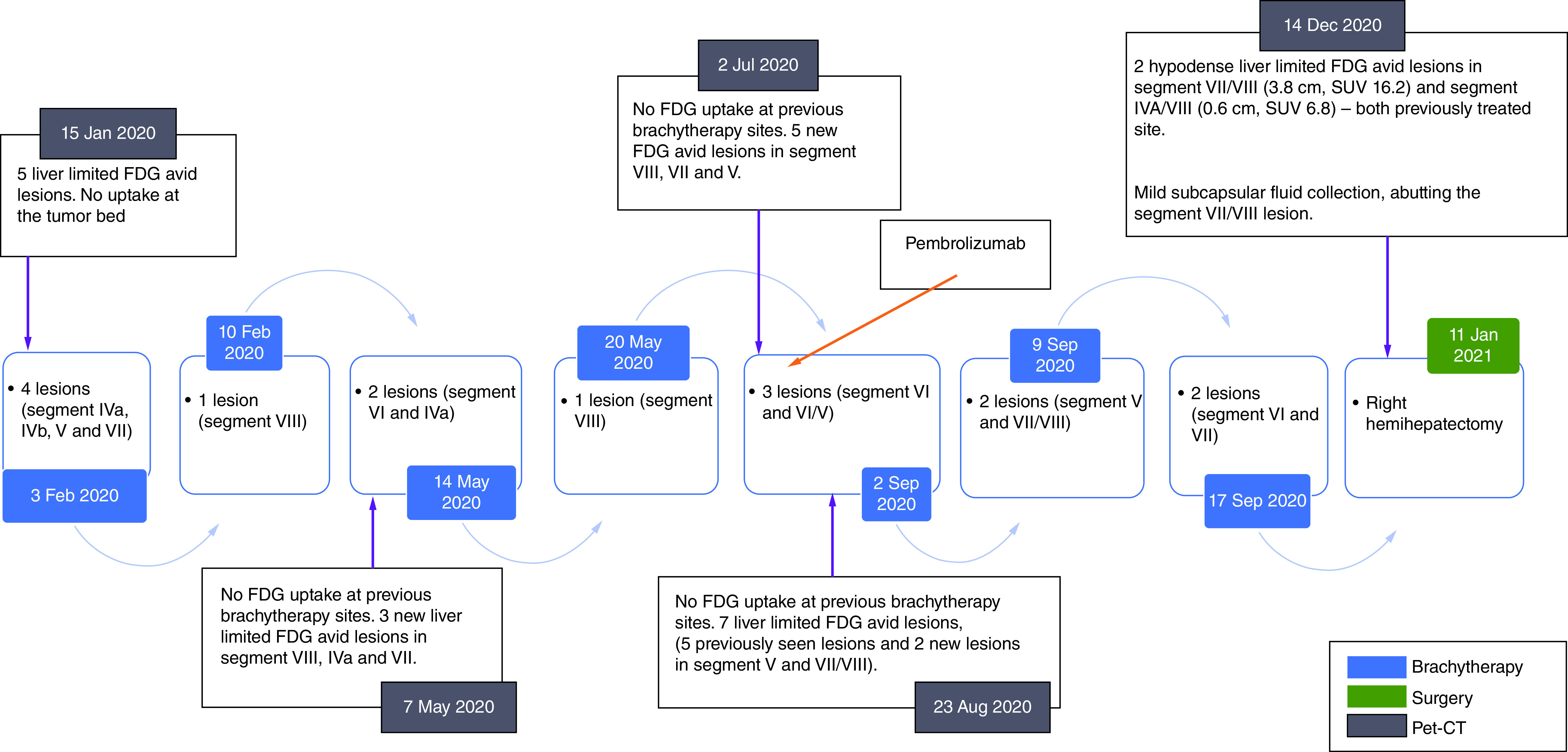 Pathological complete response with immunotherapy and brachytherapy to 15 metastatic liver lesions in a single patient.