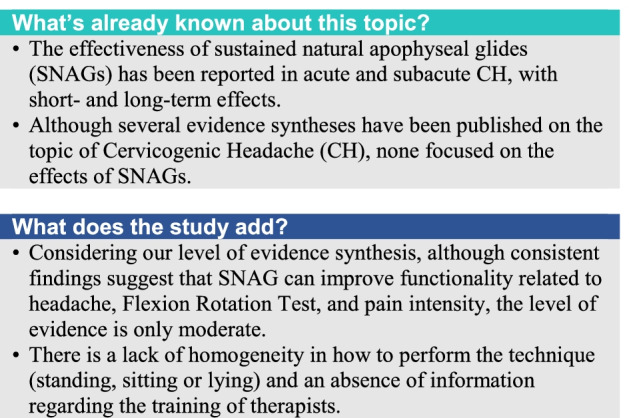 The effectiveness of Sustained Natural Apophyseal Glide on Flexion Rotation Test, pain intensity, and functionality in subjects with Cervicogenic Headache: A Systematic Review of Randomized Trials.