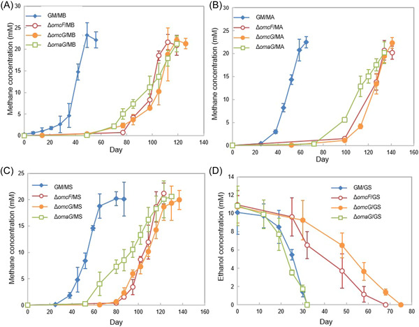 Different outer membrane <i>c</i>-type cytochromes are involved in direct interspecies electron transfer to <i>Geobacter</i> or <i>Methanosarcina</i> species.