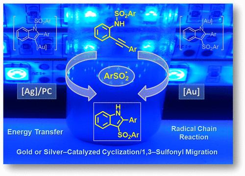 3-Sulfonylindoles via Gold- or Silver-Catalyzed Cyclization─1,3-Sulfonyl Migration Sequences under Visible Light Irradiation