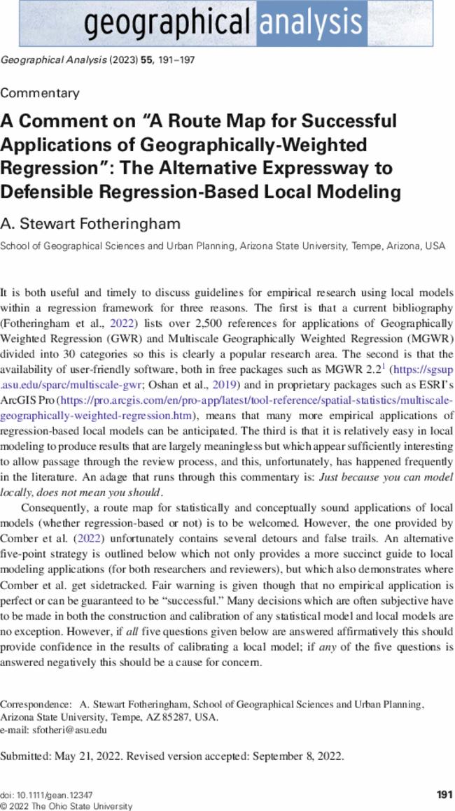 A Comment on “A Route Map for Successful Applications of Geographically-Weighted Regression”: The Alternative Expressway to Defensible Regression-Based Local Modeling