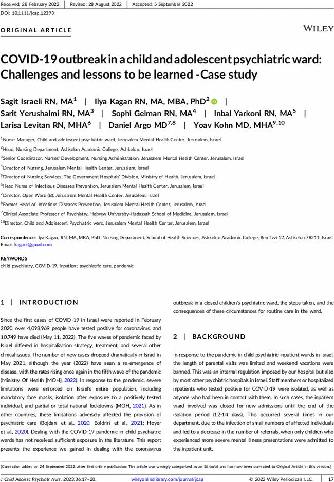 COVID-19 outbreak in a child and adolescent psychiatric ward: Challenges and lessons to be learned -Case study