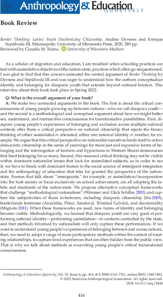 Border Thinking: Latinx Youth Decolonizing Citizenship.  Andrea Dyrness and  Enrique Sepúlveda, Minneapolis: University of Minnesota Press,  2020,  280 pp.