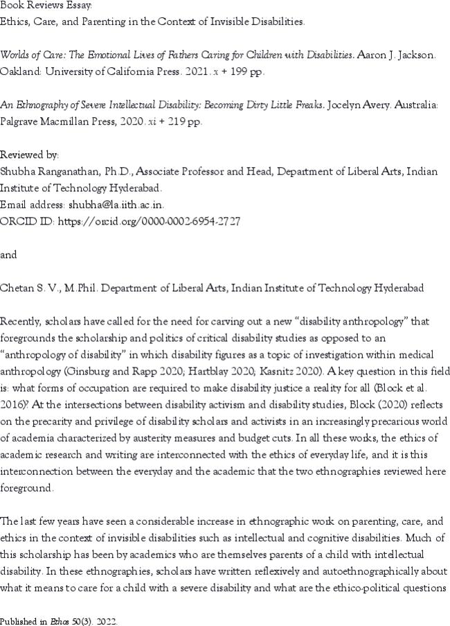 Book Reviews Essay: Ethics, Care, and Parenting in the Context of Invisible Disabilities.