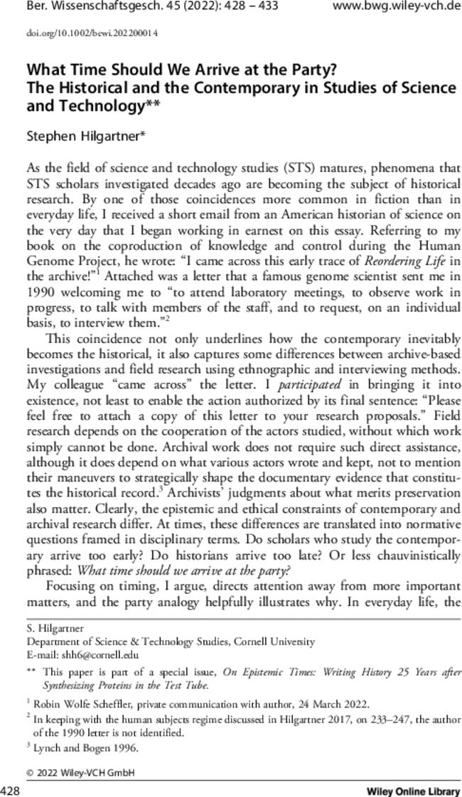 What Time Should We Arrive at the Party? The Historical and the Contemporary in Studies of Science and Technology**