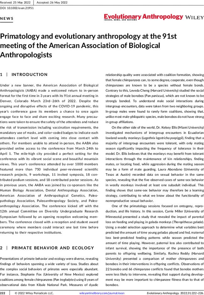 Primatology and evolutionary anthropology at the 91st meeting of the American Association of Biological Anthropologists