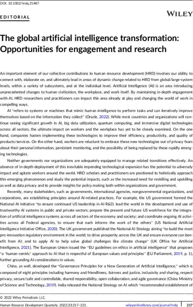 The global artificial intelligence transformation: Opportunities for engagement and research