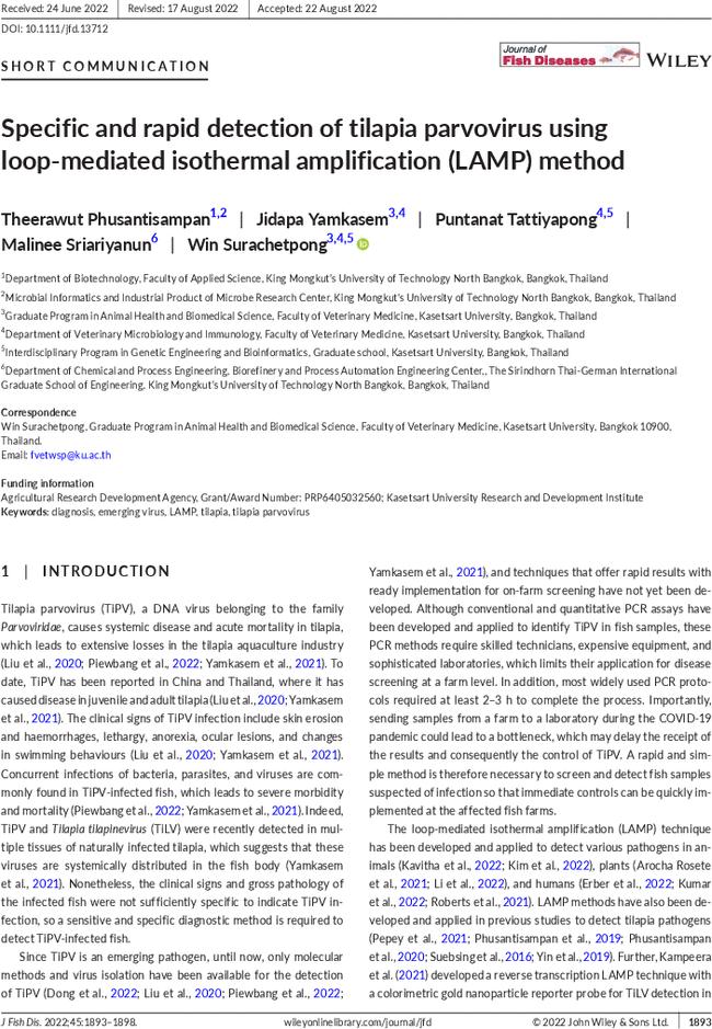 Specific and rapid detection of tilapia parvovirus using loop-mediated isothermal amplification (LAMP) method