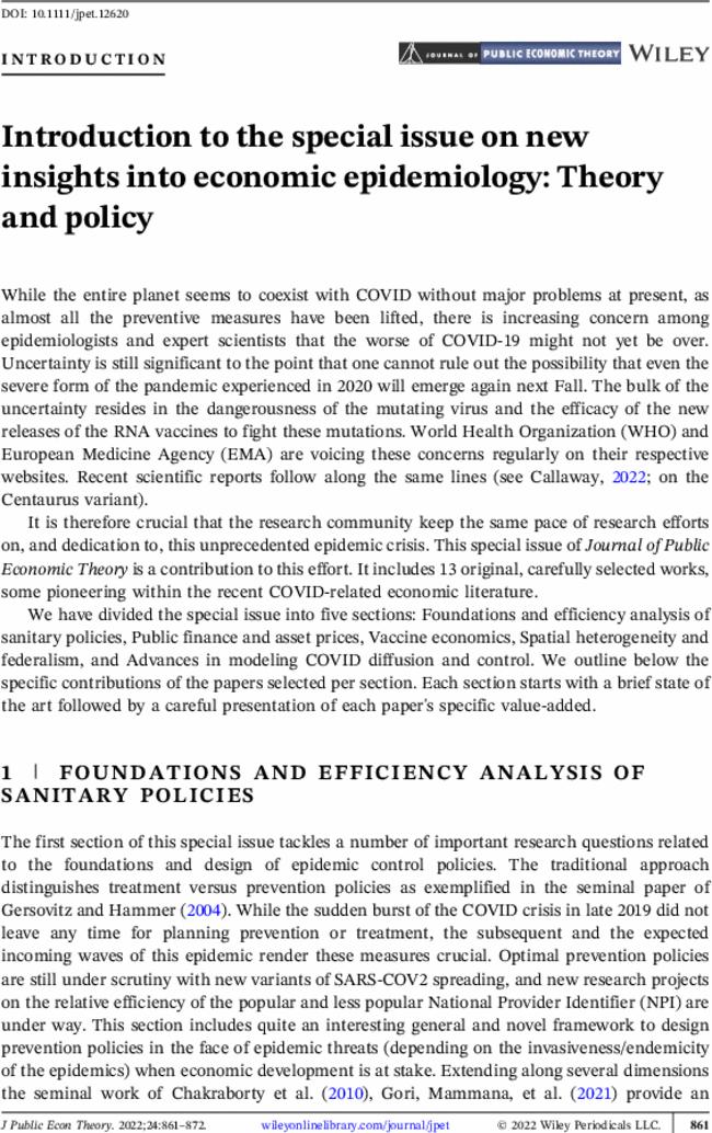 Introduction to the special issue on new insights into economic epidemiology: Theory and policy