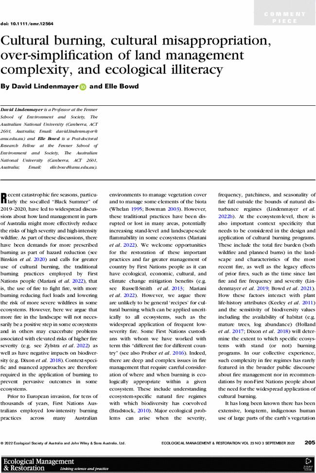 Cultural burning, cultural misappropriation, over-simplification of land management complexity, and ecological illiteracy