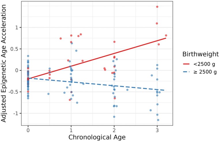 Low birthweight is associated with epigenetic age acceleration in the first 3 years of life.