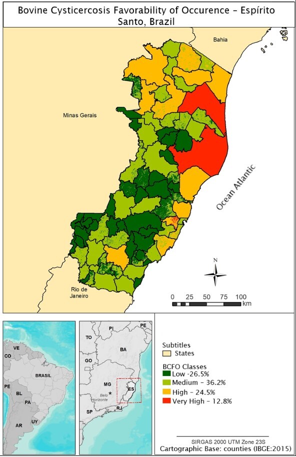 Updated spatial analysis of areas of occurrence of bovine cysticercosis in the state of Espírito Santo, Brazil.