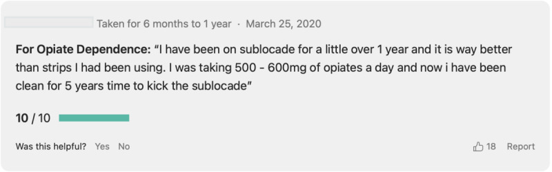 Predicting Patient Satisfaction With Medications for Treating Opioid Use Disorder: Case Study Applying Natural Language Processing to Reviews of Methadone and Buprenorphine/Naloxone on Health-Related Social Media.