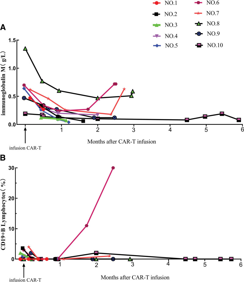 Reduced ABO blood group antibody titers in patients after CD19 CAR-T cell therapy.