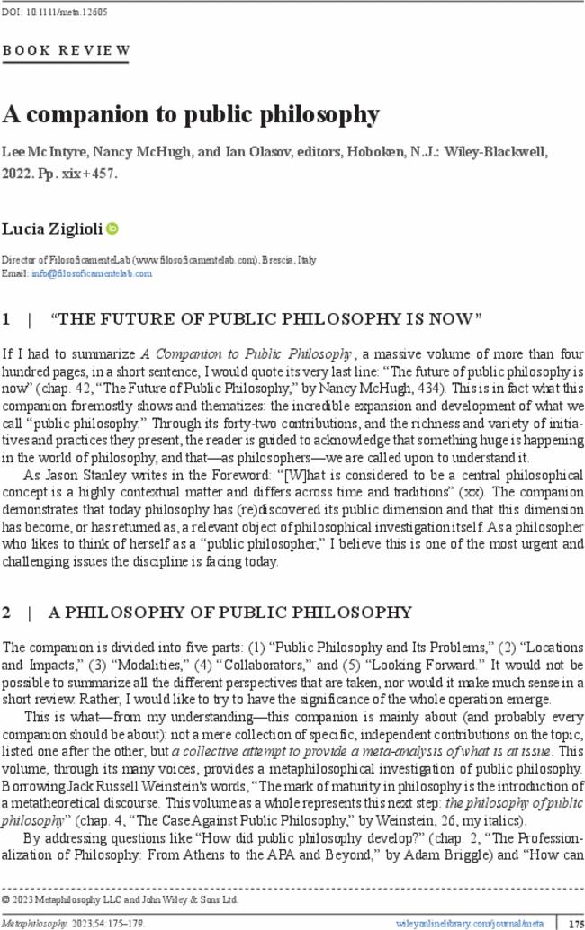 A companion to public philosophy,  Lee McIntyre,  Nancy McHugh, and  Ian Olasov, editors, Hoboken, N.J.: Wiley-Blackwell,  2022. Pp. xix + 457.