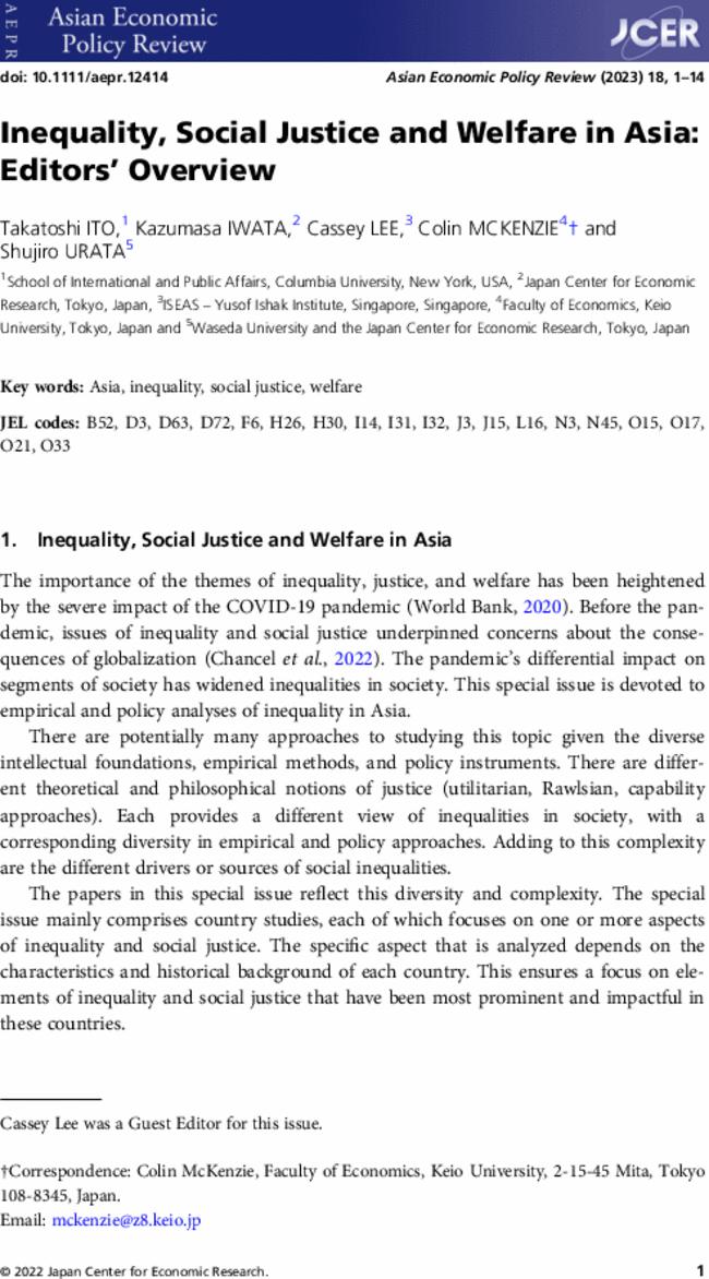 Inequality, Social Justice and Welfare in Asia: Editors' Overview