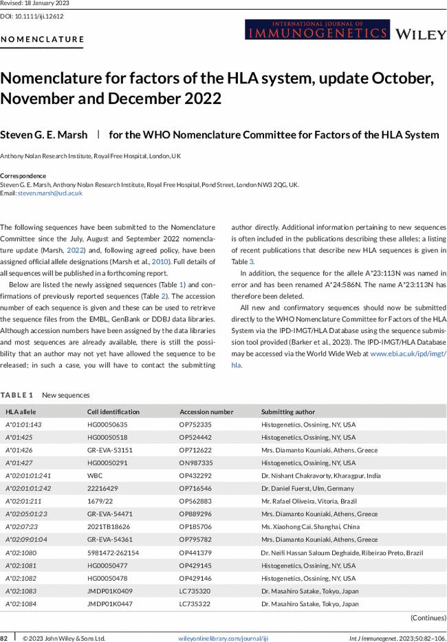 Nomenclature for factors of the HLA system, update October, November and December 2022