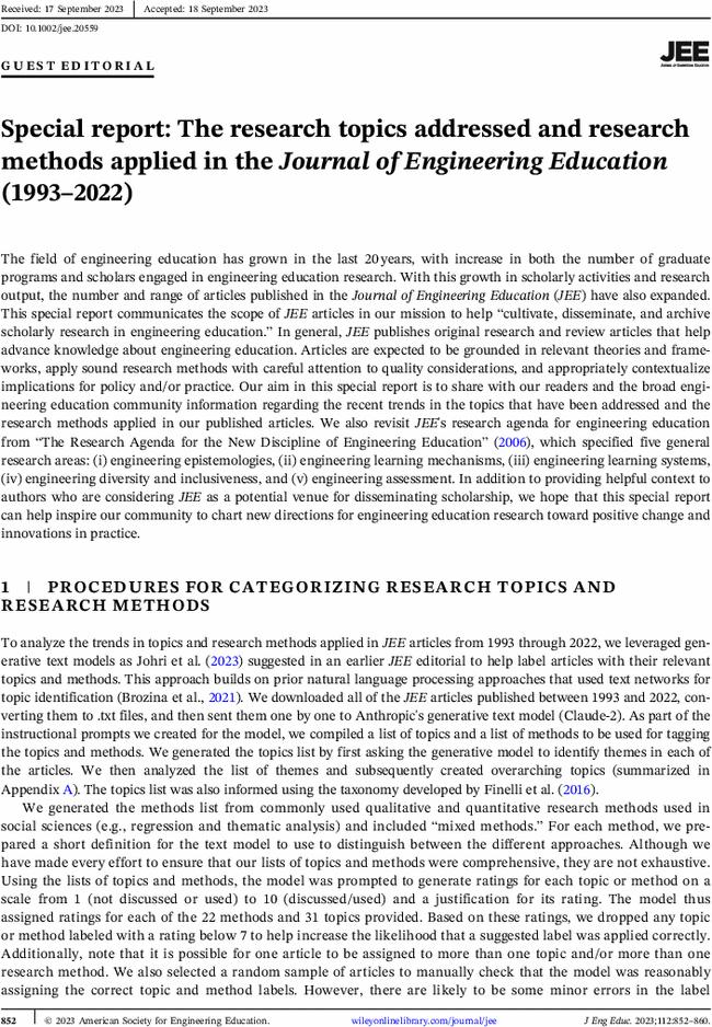 Special report: The research topics addressed and research methods applied in the Journal of Engineering Education (1993–2022)