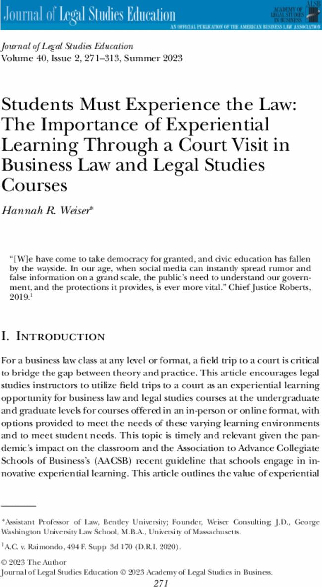 Students Must Experience the Law: The Importance of Experiential Learning Through a Court Visit in Business Law and Legal Studies Courses