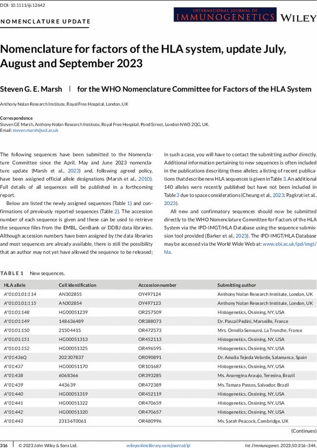 Nomenclature for factors of the HLA system, update July, August and September 2023