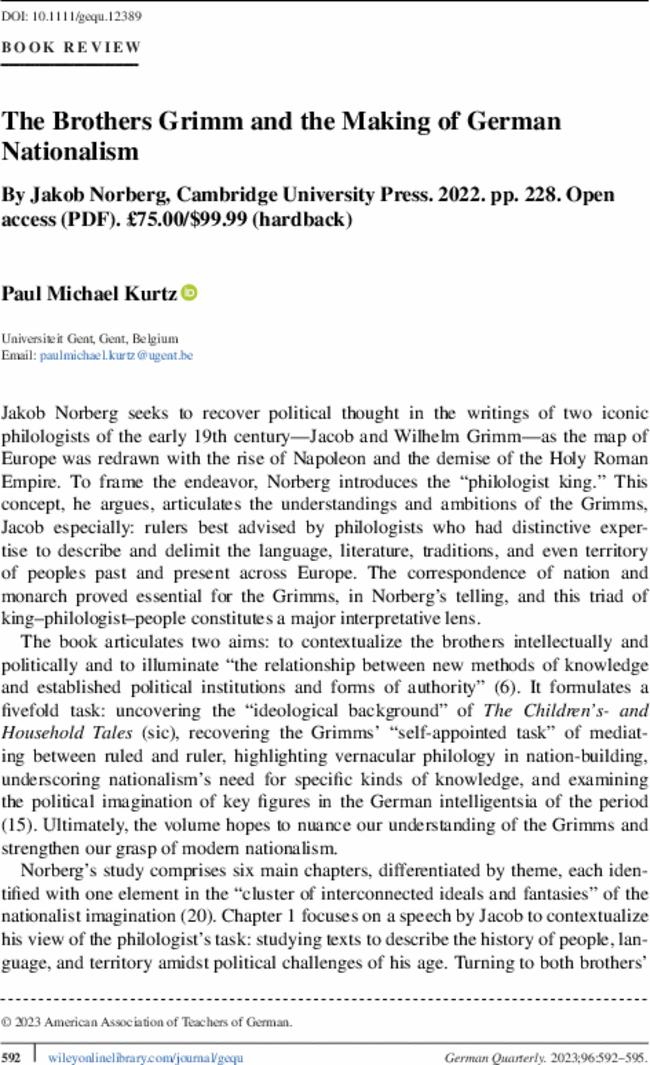 The Brothers Grimm and the Making of German Nationalism By  Jakob Norberg, Cambridge University Press.  2022. pp.  228. Open access (PDF). £75.00/$99.99 (hardback)