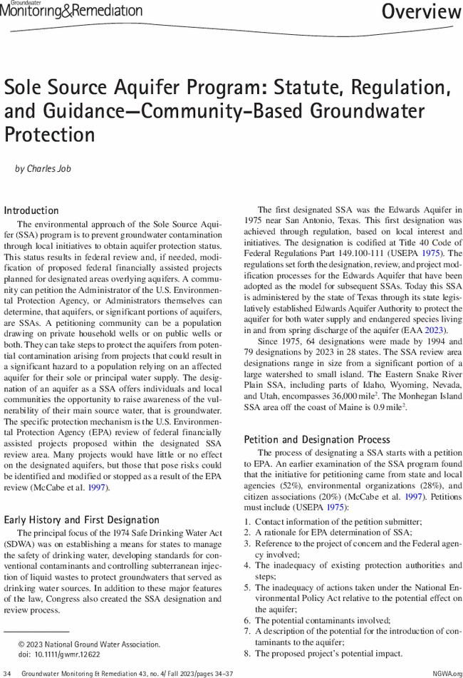 Sole Source Aquifer Program: Statute, Regulation, and Guidance—Community-Based Groundwater Protection