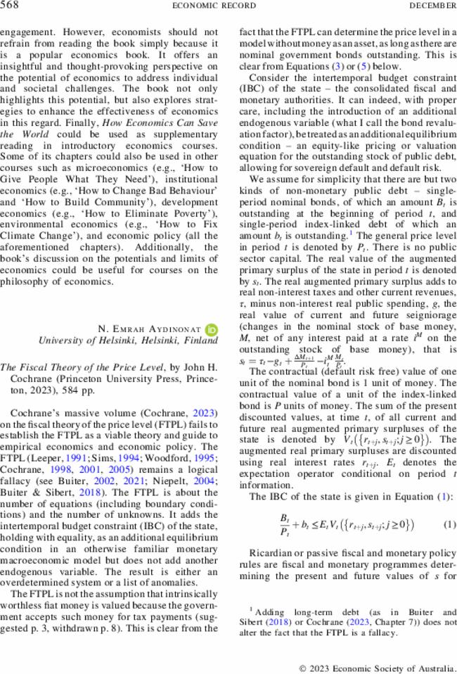 The Fiscal Theory of the Price Level, by  John H. Cochrane (Princeton University Press, Princeton,  2023), 584 pp.