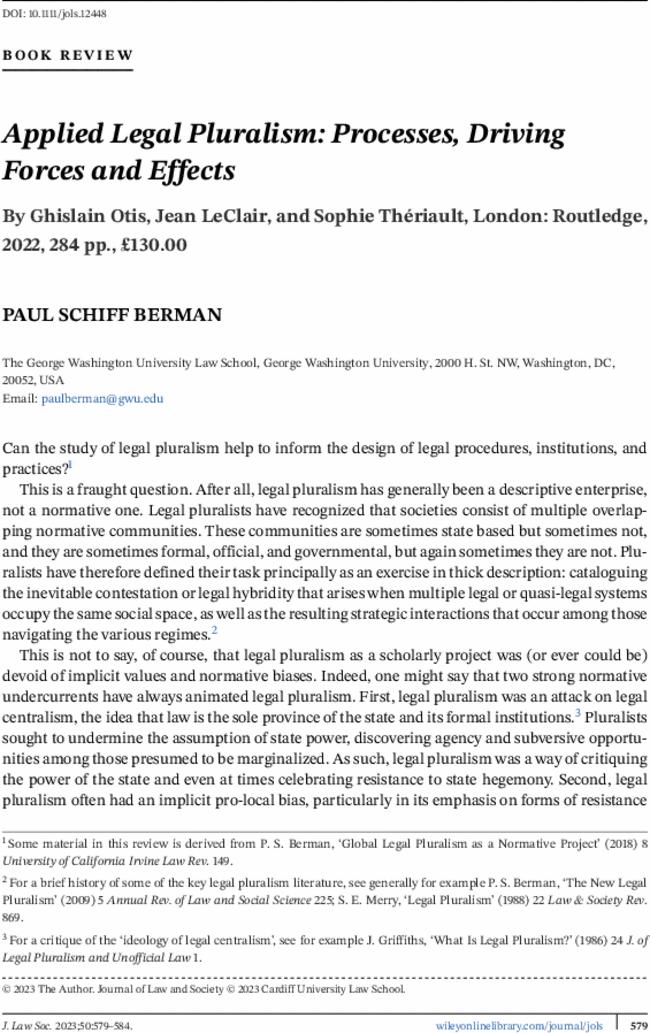 Applied Legal Pluralism: Processes, Driving Forces and Effects By  Ghislain Otis,  Jean LeClair, and  Sophie Thériault, London: Routledge,  2022, 284 pp., £130.00