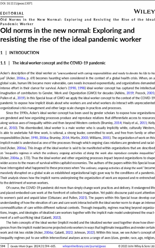 Old norms in the new normal: Exploring and resisting the rise of the ideal pandemic worker