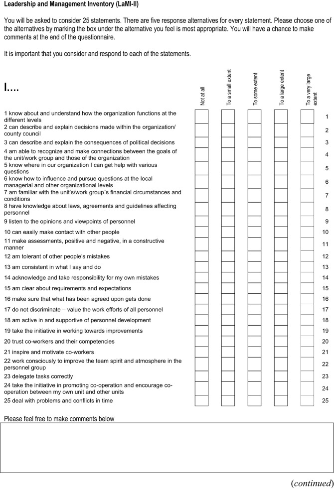 An explorative and confirmative factor analysis of the Leadership and Management Inventory-II among staff working in elderly care.