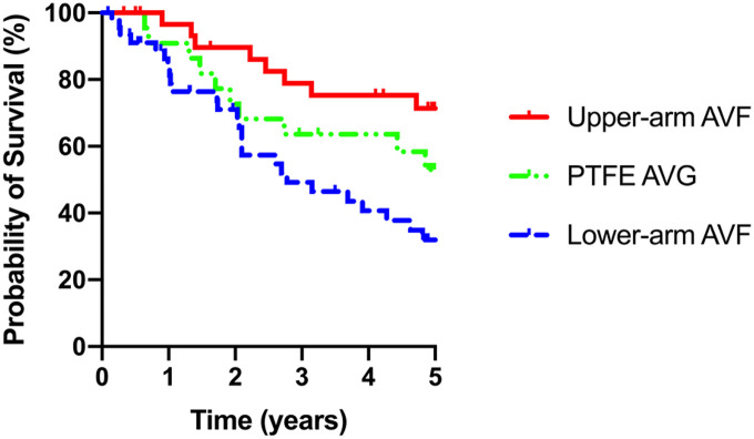 Differences in shuntflow (Qa), cardiac function and mortality between hemodialysis patients with a lower-arm fistula, an upper-arm fistula, and an arteriovenous graft.