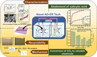 Anodic oxidation of salicylic acid using multi-walled carbon nanotubes modified carbon felt with simultaneous CO2 reduction by electrocoagulated sludge derived MIL-53(Fe/Cu) metal-organic framework cathode decorated with CuFe2O4