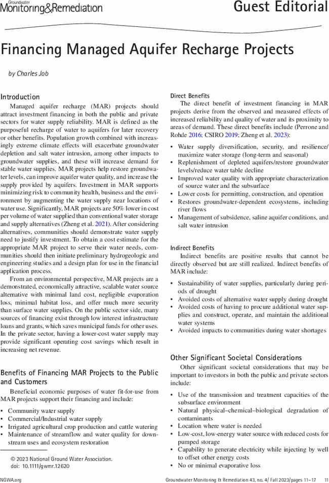 Financing Managed Aquifer Recharge Projects