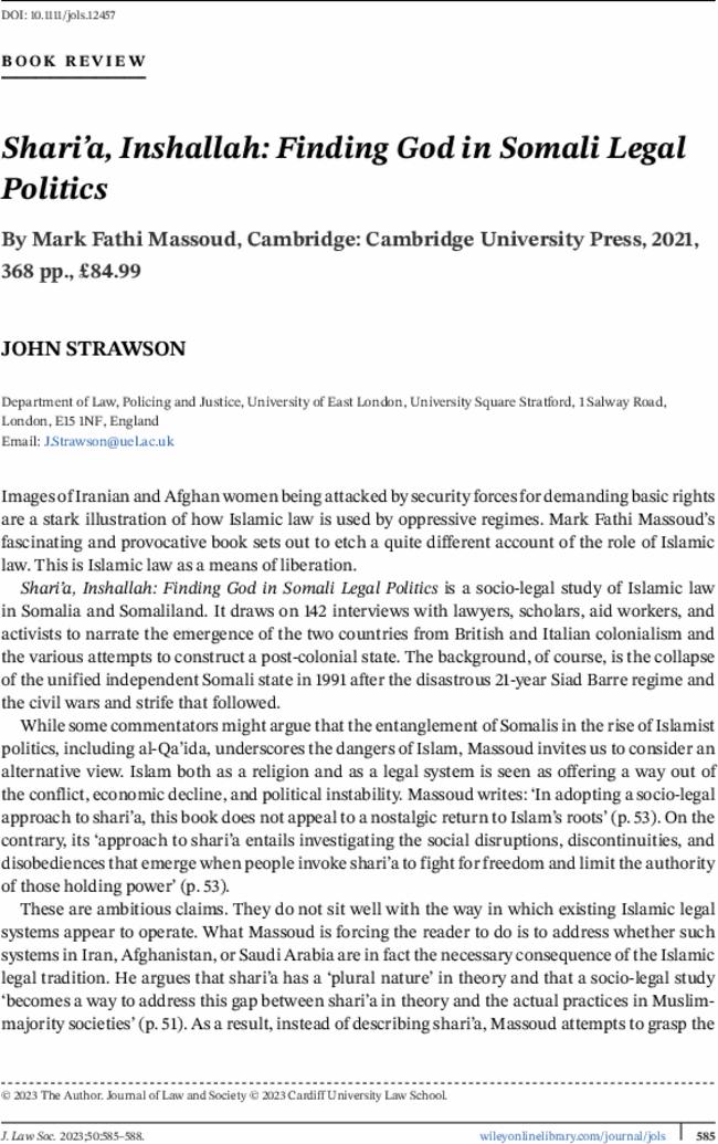 Shari'a, Inshallah: Finding God in Somali Legal Politics By  Mark Fathi Massoud, Cambridge: Cambridge University Press,  2021,  368 pp., £84.99