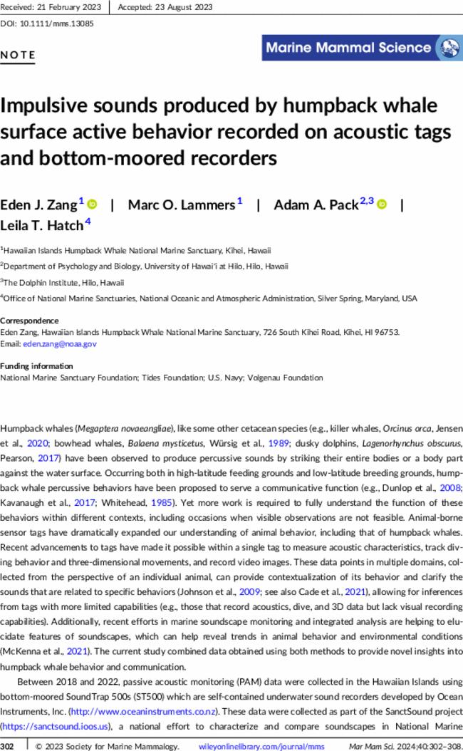 Impulsive sounds produced by humpback whale surface active behavior recorded on acoustic tags and bottom-moored recorders