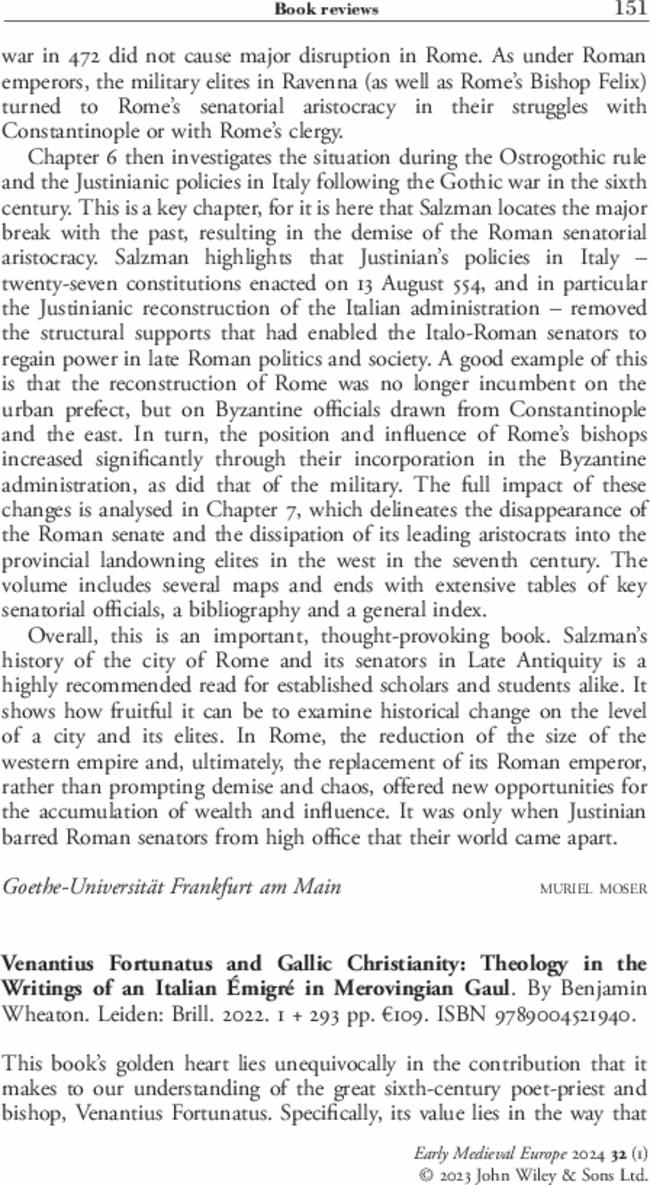 Venantius Fortunatus and Gallic Christianity: Theology in the Writings of an Italian Émigré in Merovingian Gaul. By  Benjamin Wheaton. Leiden: Brill.  2022. 1 + 293 pp. €109. ISBN 9789004521940.