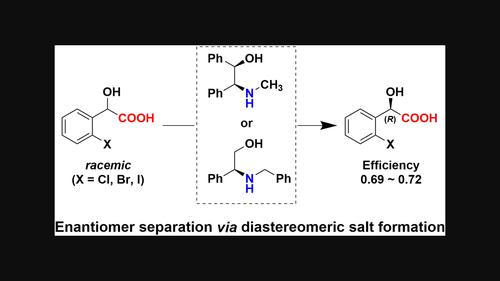 Enantiomer separation of 2-halomandelic acids via diastereomeric salt formation with chiral N-substituted 2-amino-2-phenylethanols