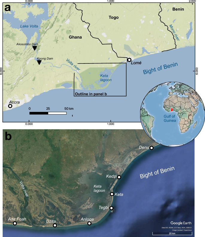 Multi-decadal shoreline changes in Eastern Ghana—natural dynamics versus human interventions