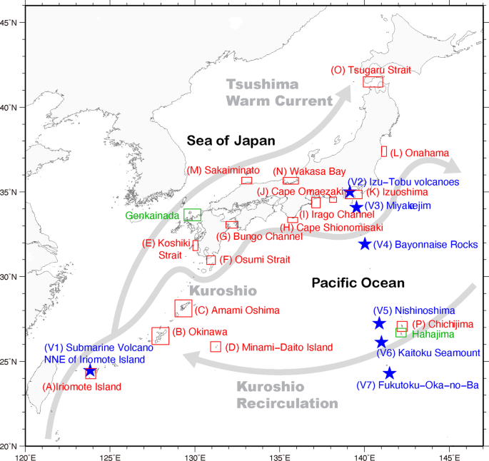 Simulated distributions of pumice rafts in Japan following eruptions at volcanic islands and submarine volcanoes