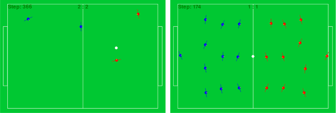 Scaling multi-agent reinforcement learning to full 11 versus 11 simulated robotic football