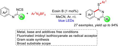 Synthesis of highly functional quinazolins via metal-free, visible-light-enabled radical cascade arylation/cyclization of fluorinated imidoyl isothiocyanates