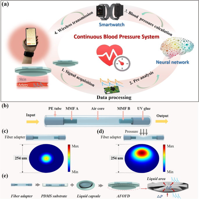 Automatic and continuous blood pressure monitoring via an optical-fiber-sensor-assisted smartwatch