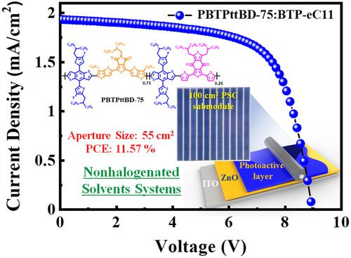 Achieving an excellent efficiency of 11.57% in a polymer solar cell submodule with a 55 cm2 active area using 1D/2A terpolymers and environmentally friendly nonhalogenated solvents